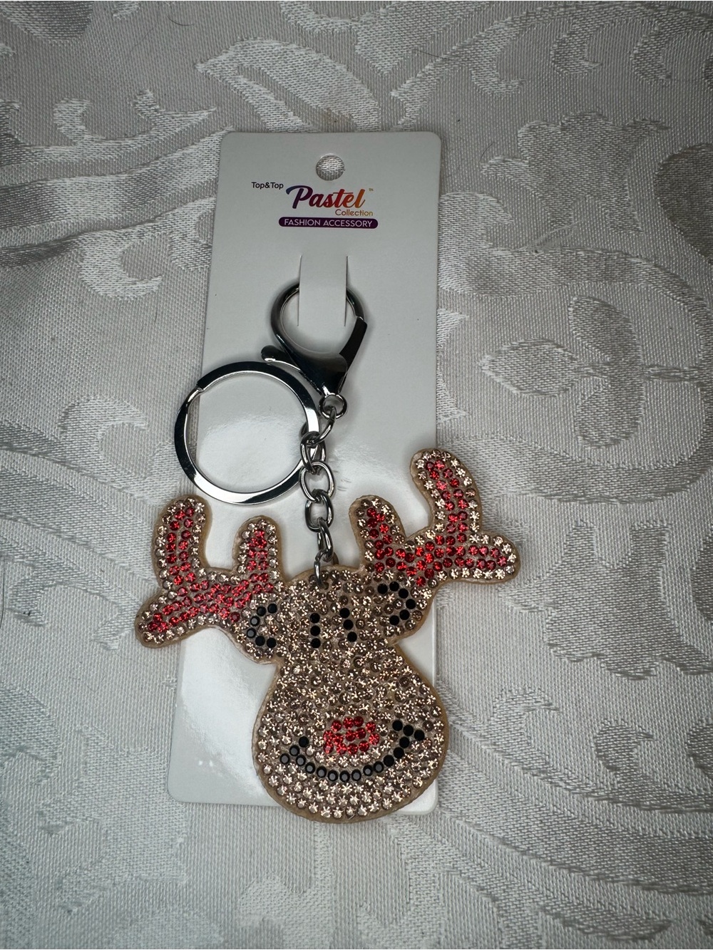 New Pastels Flat Crystal Reindeer Keychain - Gold & Red
